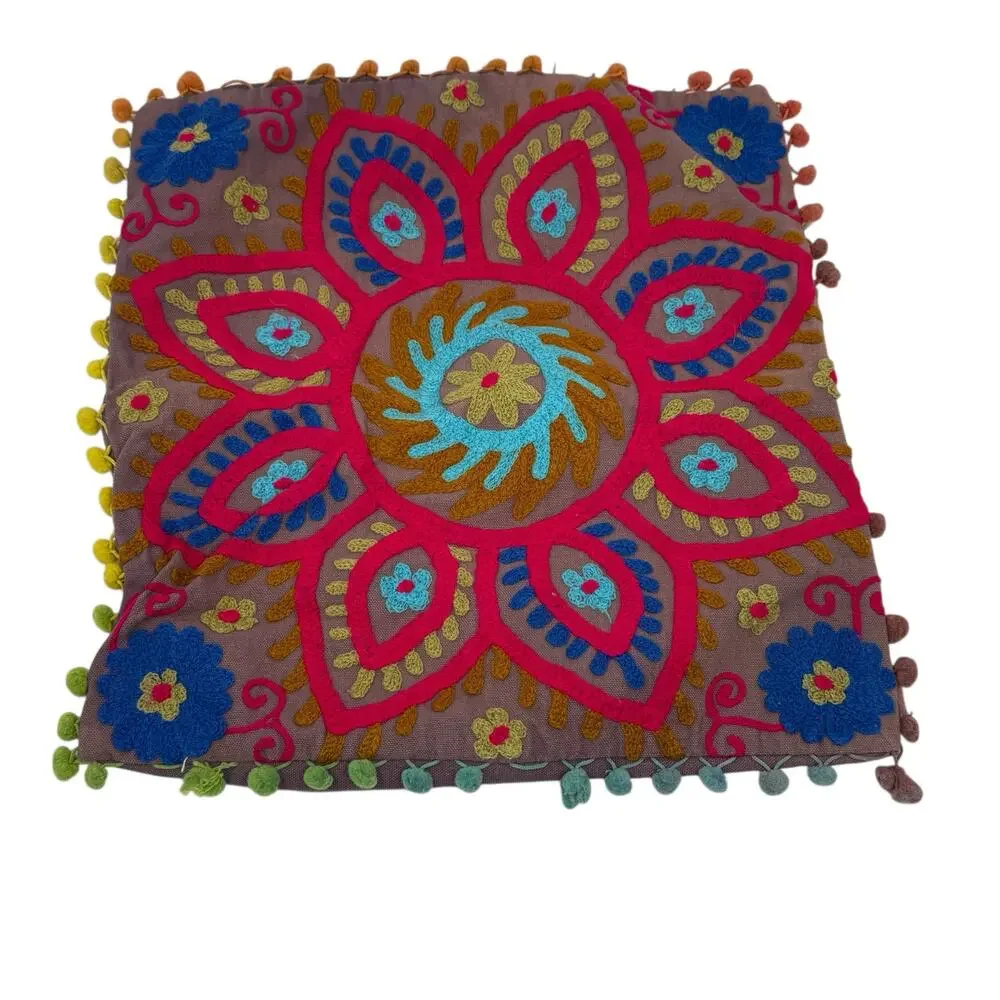 Hand Embroidered‎ Decorative Square Pillow Cover Bohemian Boho Style 15 x 16 in